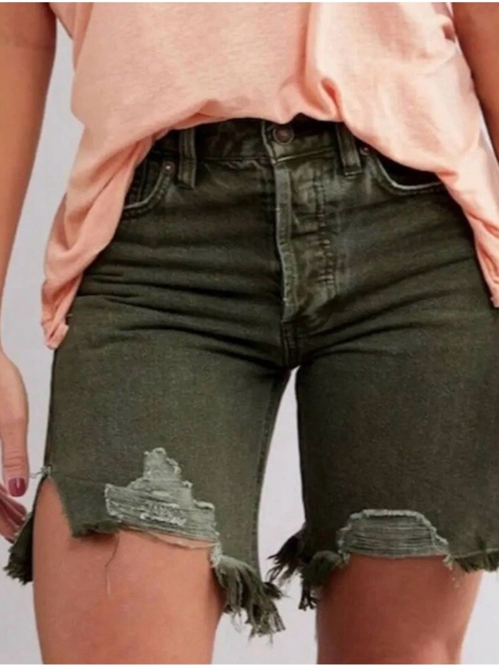 We The Free Olive Distressed High-Rise Jean Shorts